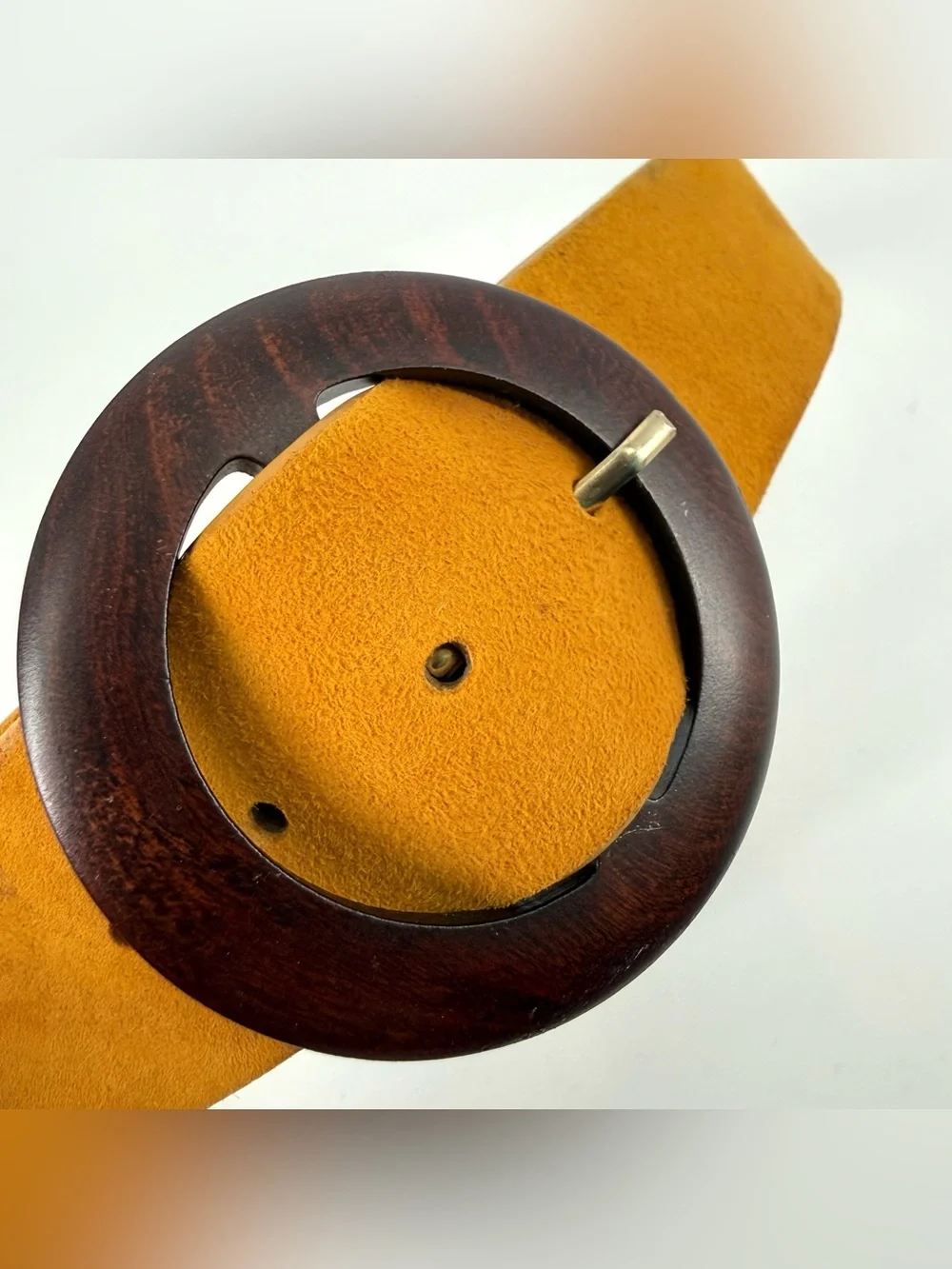 Sezane Yves Belt Mustard Yellow Suede Leather Wood Buckle 31.5in